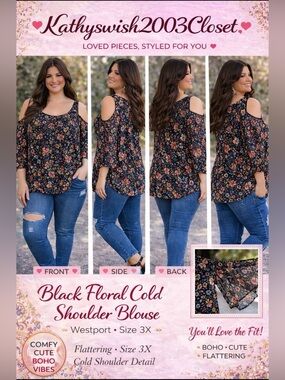 Westport 3X Black with Turquoise and Pink Flowers Cold Shoulder Blouse E…